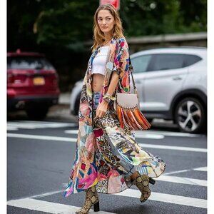 NEW Boho OS Beach Kimono Cover Up Robe Geometric Nature Inspired Flowy Maxi